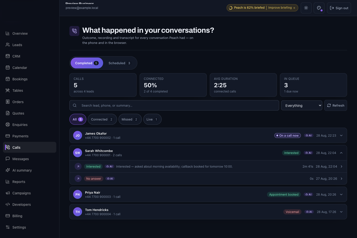 Business Solutions call conversation detail using reserved fictional preview data