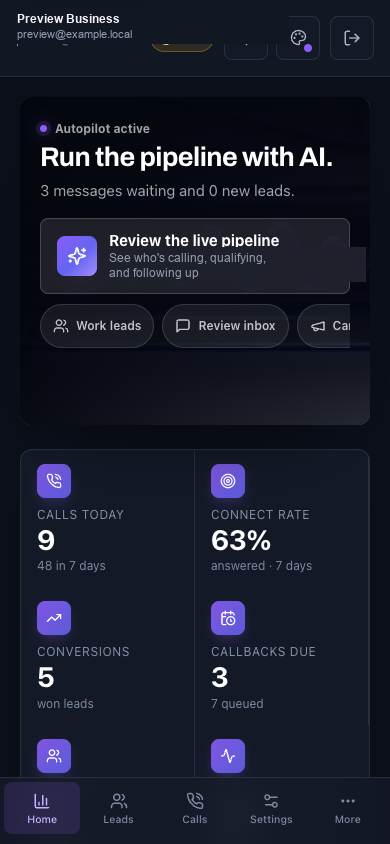 Business Solutions responsive workspace at mobile width using fictional preview data