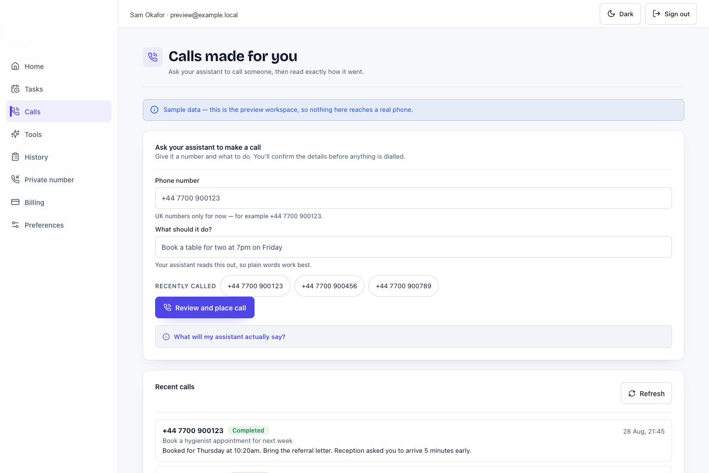 Personal Assistant call history with fictional preview data