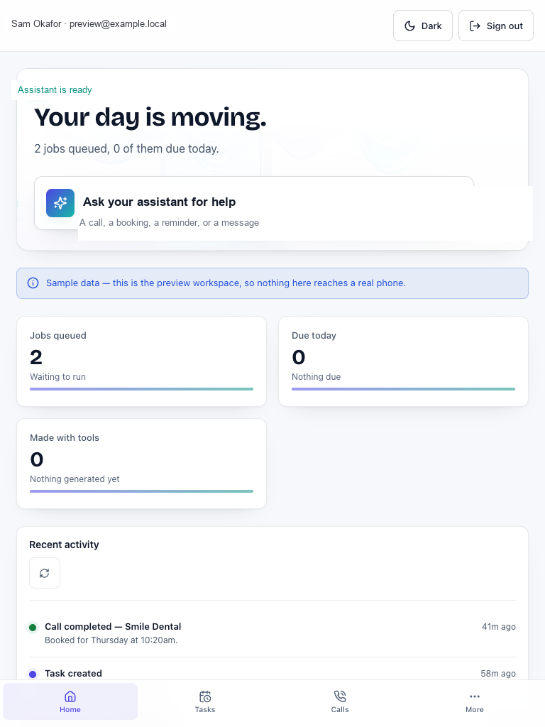 Personal Assistant responsive web application at tablet width