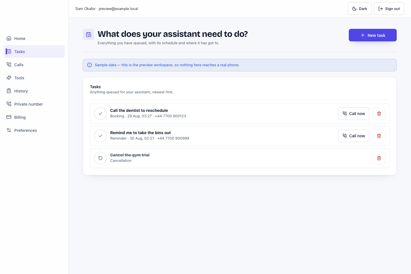 Personal Assistant tasks using fictional reserved preview data